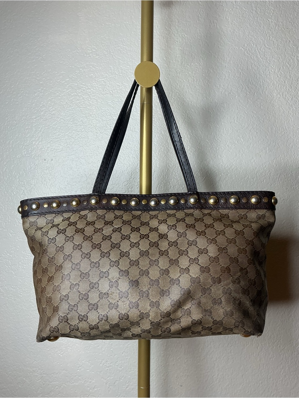 Gucci Brown Monogram Tote Bag with Stud Trim - Picture 12 of 16